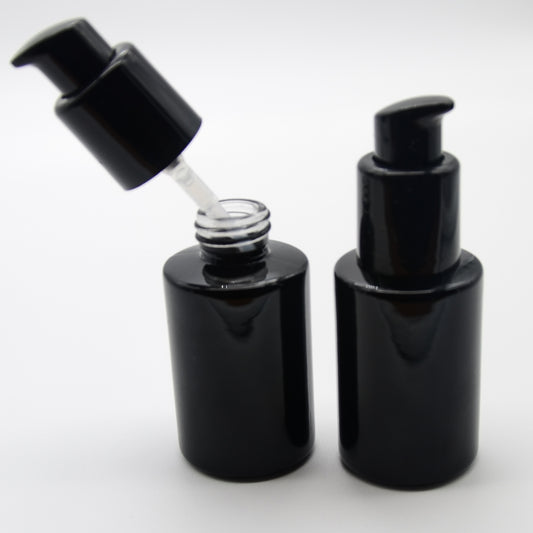 30ml Black Glass Cylinder Bottle w/Black Locking Pump 20mm